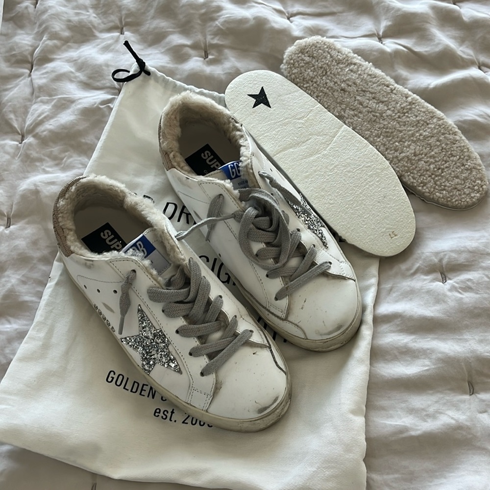 Beige Shearling Sparkly Golden Goose Sneakers